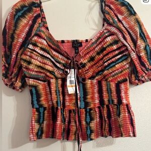 Jessica Simpson Vibrant Striped Puff Sleeve Cropped Blouse NEW